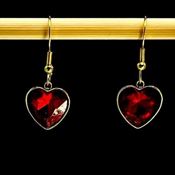AZS 18k Gold & Red Heart Dangle Earrings - Picture 3 of 8